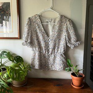 Madewell Silk V-Neck Peplum Popover Top in Fieldwalk Floral